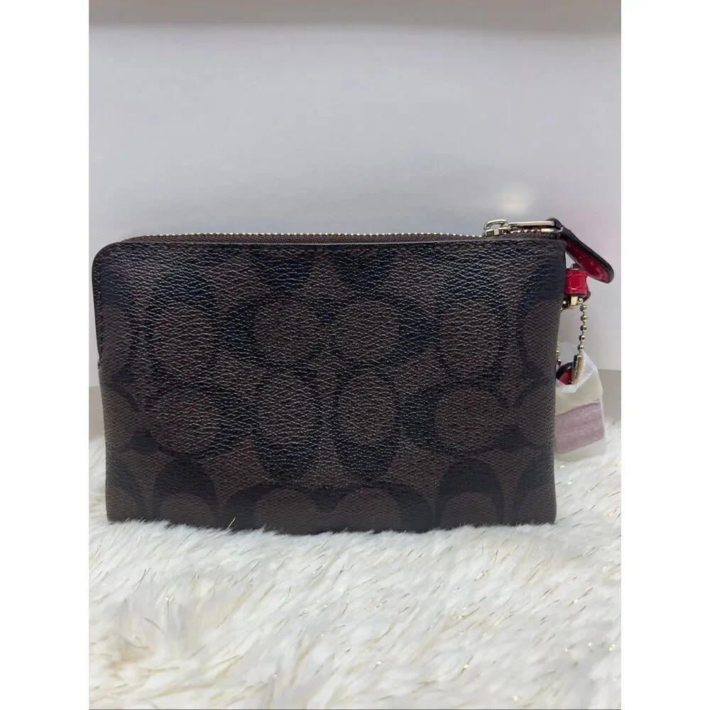 New! Coach Wristlet Wallet Brown True Red in Signature Canvas F54460
